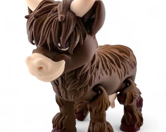 3D Printed Highland Cow Figurine - Dark Brown with Beige Horns, Farm Animal Desk Decor Collectible Gift