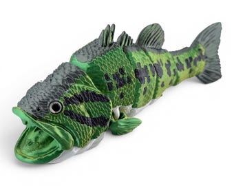 Largemouth Bass Figurine, Articulated Olive Green Realistic 3D Printed Fish Model with Glass Eyes, Angler Gift