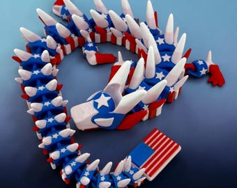 3D Printed USA Patriot Dragon Figurine - American Flag Tribute - Red, White & Blue