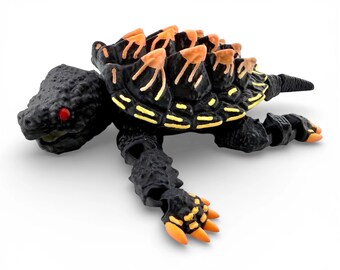3D Printed Articulated Alligator Snapping Turtle - Black Autumn Morph, 10 Inch Reptile Figurine with Glass Eyes