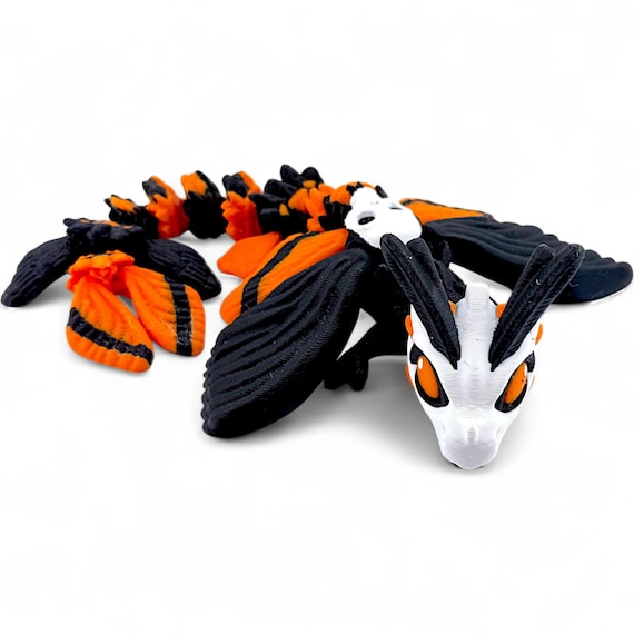 Baby Death's Head Moth Dragon Figurine - Orange & Black Articulated 3D Printed Flexi Fantasy Toy