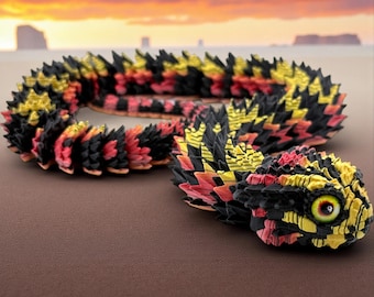 3D Printed Tiger Phase Bush Viper Snake - Retractable Fangs Model with Glass Eyes