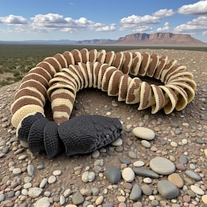 May include: A detailed sculpture of a snake with a segmented body in alternating brown and cream colors. The snake's head is black and textured, resting on a rocky surface with a scenic background of a desert landscape and blue sky.