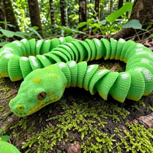 May include: A green and yellow articulated snake toy with white markings. The snake is made of segmented pieces, allowing it to move and bend. The snake's head has detailed features, including brown eyes and yellow spots.