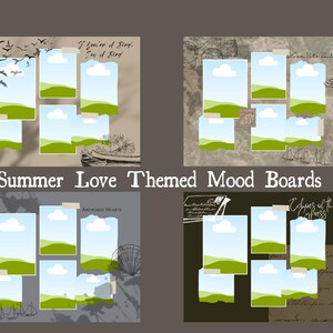 May include: Four mood boards with a summer love theme. Each board has a background with a different colour and texture. Each board has six blank spaces with a green grass and blue sky design. The text on the boards includes "Love Sits Sail", "Anchored Hearts", "Echoes of the Cypress", and "If You're a Bird, I'm a Bird."