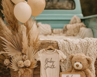 Boho Fall Baby Announcement • Neutral Autumn Pregnancy Reveal • Vintage Truck Setup • Editable Canva Template