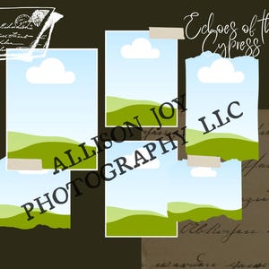 May include: Five torn and taped images of a green grassy hill with a blue sky and white clouds. The text "Echoes of the Cypress" is at the top of the image. The text "ALLISON JOY PHOTOGRAPHY LLC" is in the centre of the image.