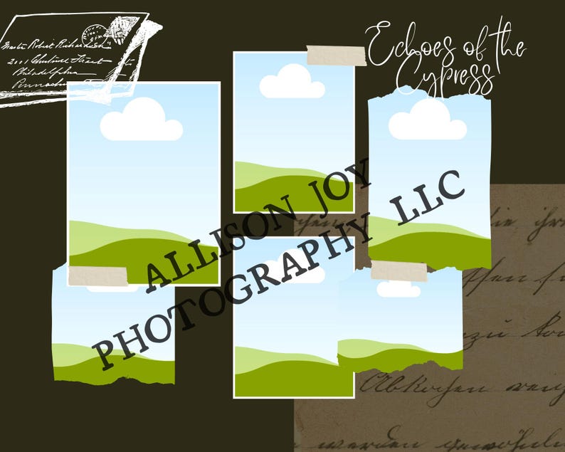 May include: Five torn and taped images of a green grassy hill with a blue sky and white clouds. The text "Echoes of the Cypress" is at the top of the image. The text "ALLISON JOY PHOTOGRAPHY LLC" is in the centre of the image.