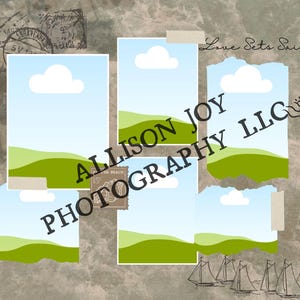 May include: Four digital photo frames with a green grassy hill and blue sky with clouds. The frames are on a brown background with the text "Allison Joy Photography LLC" and "Love Sets Sail".