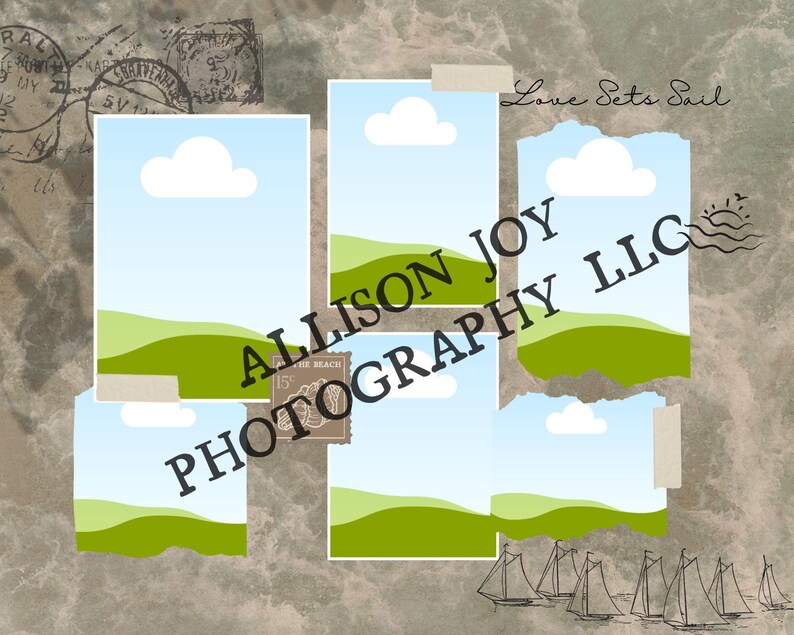 May include: Four digital photo frames with a green grassy hill and blue sky with clouds. The frames are on a brown background with the text "Allison Joy Photography LLC" and "Love Sets Sail".