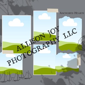 May include: Four digital images of a green grassy hill with a blue sky and white clouds. The images are arranged in a grid pattern. The text "Allison Joy Photography LLC" is superimposed over the images. The text "Anchored Hearts" is in the top right corner of the image.