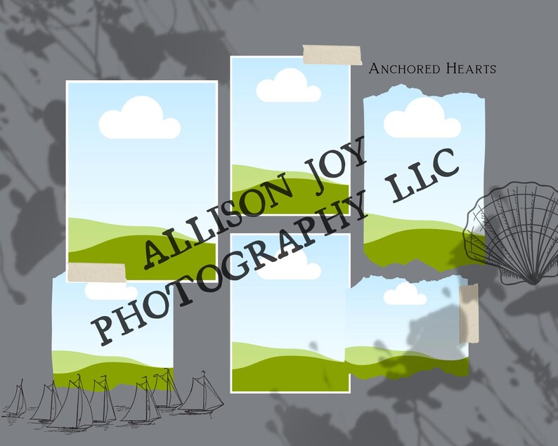 May include: Four digital images of a green grassy hill with a blue sky and white clouds. The images are arranged in a grid pattern. The text "Allison Joy Photography LLC" is superimposed over the images. The text "Anchored Hearts" is in the top right corner of the image.