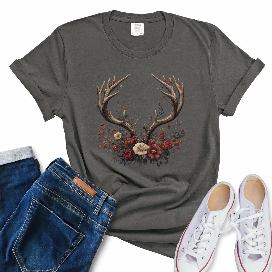 Floral Deer Rack Woman's T-shirt, Antlers Graphic Tee, Nature Lover ...