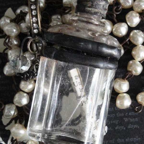 RELIC Antique French Glass Perfume Bottle Locket Necklace. Vintage Cream Pearl Rosay. Unique Keepsake Locket. Artisan Renaissance Assemblage