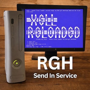 May include: A white game console with a green power button is next to a black monitor displaying blue text that reads "XeLL RELOADED." The text "RGH Send In Service" is below the monitor. The background is a wooden surface.