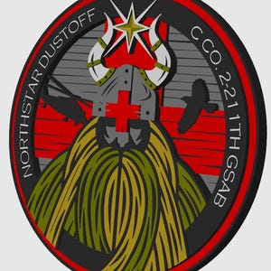 May include: A black and red circular patch with a white star, a red cross, and a stylized Viking helmet with a green and yellow beard. The text "NORTHSTAR DUSTOFF C CO. 2-211TH GSAB" is written around the edge of the patch.
