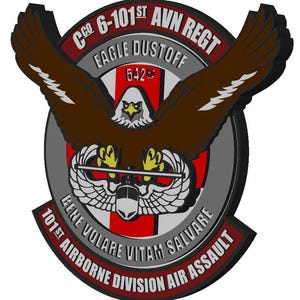 Könnte beinhalten: Ein brauner Adler mit ausgebreiteten Flügeln, der einen Hubschrauber in seinen Krallen hält. Der Adler befindet sich in der Mitte eines grauen Kreises mit einem roten Kreuz und dem Text "CCO 6-101ST AVN REGT EAGLE DUSTOFF 542 101ST AIRBORNE DIVISION AIR ASSAULT BENE VOLARE VITAM SALVARI".