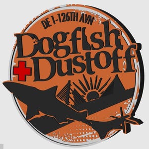 May include: Circular orange and black graphic with the text "DE 1-126TH AVN" at the top. The words "Dogfish + Dustoff" are in the center, with a red cross. A shark, bridge, sun, and propeller are also featured.