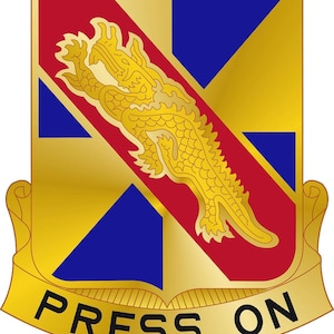 May include: A heraldic emblem with a gold background, featuring a red diagonal stripe with a gold dragon. Blue triangles and a gold banner with the words "PRESS ON" complete the design.