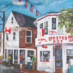 May include: A painting of a white building with a red lobster sign that says "Lobster Pot". There are people walking on the sidewalk in front of the building. The building is decorated with red, white, and blue flags.