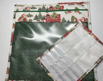 Christmas Vinyl Front Project Bag for Cross Stitch Embroidery Needlepoint Craft Supplies Storage WIP Tote Organizer Pouch Bobbin Thread Bed
