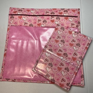 Hearts Vinyl Front Project Bag for Cross Stitch Embroidery Needlepoint Craft Supplies Storage WIP Tote Organizer Pouch Bobbin Thread Bed