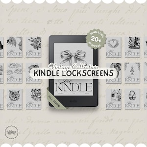 Puede incluir: Una colección de pantallas de bloqueo de Kindle con diseños vintage, incluyendo un lazo, rosas y alas de ángel. La imagen presenta un dispositivo Kindle rodeado de varias ilustraciones en blanco y negro. El texto dice "Vintage Collection Kindle Lockscreens."