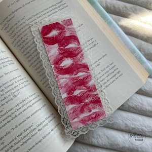 Handmade Lipstick Kiss Bookmark: Red Lip Print with Lace Trim