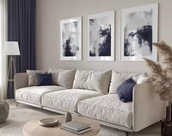 Abstract Wall Art Posters Set Of 3 Blue And White Frameless Art Poster Prints