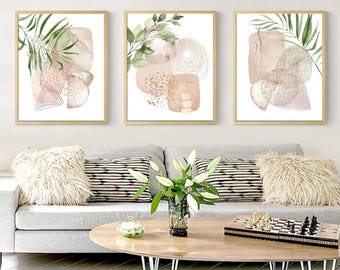 Neutral Abstract Wall Art Posters Set Of 3 Beige Botanical Frameless Art Poster Prints