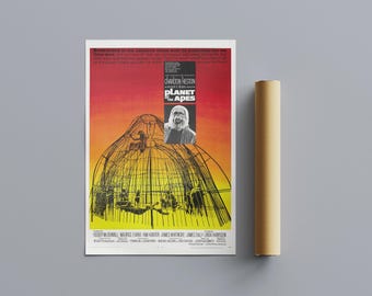 May include: A vintage movie poster for "Planet of the Apes" featuring Charlton Heston. The poster has a vibrant color scheme with a large, yellow and black structure in the foreground and a portrait of a character.