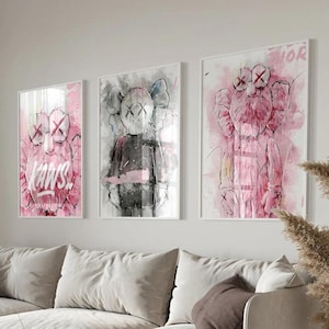 Lot de 3 affiches d'art mural Kaws Hypebeast sans cadre rose gris