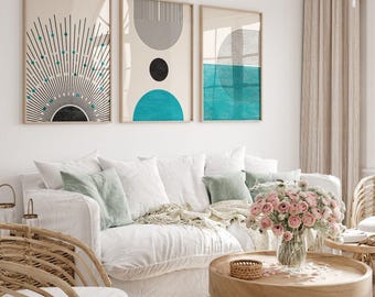 Abstract Shape Wall Art Posters Set Of 3 Teal Frameless Art Poster Prints