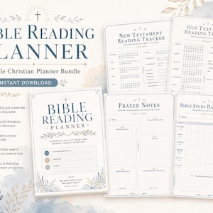 May include: A collection of printable Christian planner pages. The main planner is titled "Bible Reading Planner" with floral accents. Other pages include trackers for the Old and New Testaments, prayer notes, and a Bible study habit tracker. The text reads "Instant Download".