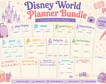 Bundle imprimable de planificateur Disney World, itinéraire de vacances Disney, agenda du parc, liste de colisage, planificateur de voyage, téléchargement immédiat PDF