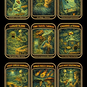 Puede incluir: Un conjunto de nueve tarjetas de estilo retro con ilustraciones humorísticas de ciencia ficción. Cada tarjeta presenta una escena única, como un lavado de autos con un OVNI, un hombre con una mascota alienígena y un juego de arcade retro.