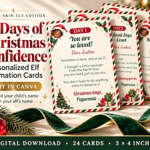 May include: A set of 24 Days of Christmas Confidence personalized elf affirmation cards, measuring 3 by 4 inches. The cards feature festive red and green borders, illustrations of elves, Christmas trees, and gifts, with text for each day.