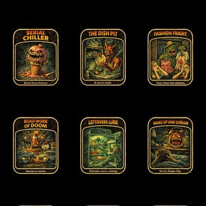 Puede incluir: Una colección de doce grabados artísticos de terror de estilo vintage sobre un fondo negro. Cada grabado presenta una ilustración única con texto, como "Campfire Chaos" y "Recipe for Disaster". La obra de arte tiene una estética retro con un aspecto envejecido.