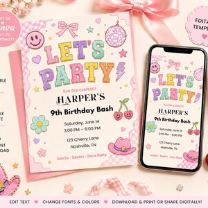 May include: A pink and white birthday party invitation with the text "LET'S PARTY" in colorful letters. The invitation includes details for a 9th birthday bash, a mobile invite, and an instant download option.