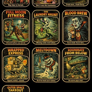 Puede incluir: Una colección de ilustraciones de terror de estilo vintage con temas humorísticos. Las imágenes representan escenarios como una niñera zombi, una planta que se come a los compañeros de piso y un vampiro bebiendo. La obra de arte tiene un aspecto retro y ligeramente desgastado.