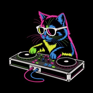 May include: A black cat wearing white-framed sunglasses, with neon pink, blue, and yellow accents, is depicted as a DJ. The cat is operating a DJ mixer with two turntables and colorful buttons, with a black background.