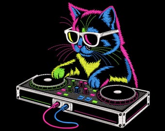 May include: A black cat wearing white-framed sunglasses, with neon pink, blue, and yellow accents, is depicted as a DJ. The cat is operating a DJ mixer with two turntables and colorful buttons, with a black background.