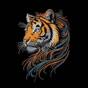 May include: Embroidered tiger head with orange, black, and white stripes, blue eyes, and flowing orange and blue mane against a black background. The tiger is facing left, showcasing detailed stitching.