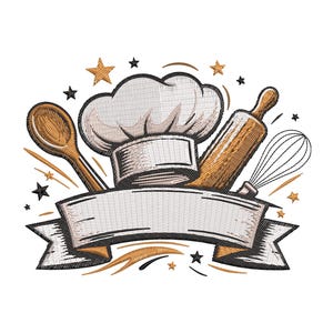 May include: An embroidered design featuring a white chef hat centred above a blank, light grey ribbon banner. A wooden spoon, a wooden rolling pin, and a wire whisk are arranged behind the banner. Gold stars and curved lines accent the composition.