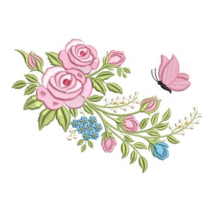 May include: Embroidered floral design featuring pink roses, buds, and a butterfly. The design includes green leaves, blue flowers, and white accents. The design is on a white background.