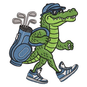 May include: Embroidered design of a green alligator wearing a blue cap and sunglasses, carrying a blue golf bag with golf clubs. The alligator is wearing blue and white sneakers. The design is on a white background.