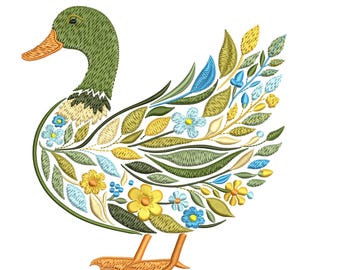 Floral Duck Machine Embroidery Design, Folk Art Nature Bird Pattern (Instant Download)