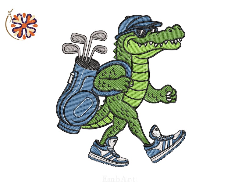 May include: Embroidered design of a green alligator wearing a blue cap and sunglasses, carrying a blue golf bag with golf clubs. The alligator is wearing blue and white sneakers. The design is on a white background.