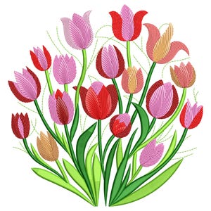 May include: A bouquet of pink, red, and orange tulips with green stems and leaves.