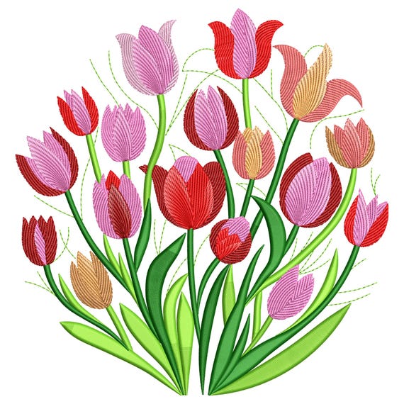 Tulip Garden Embroidery Design, Floral Spring Embroidery File (Digital)
